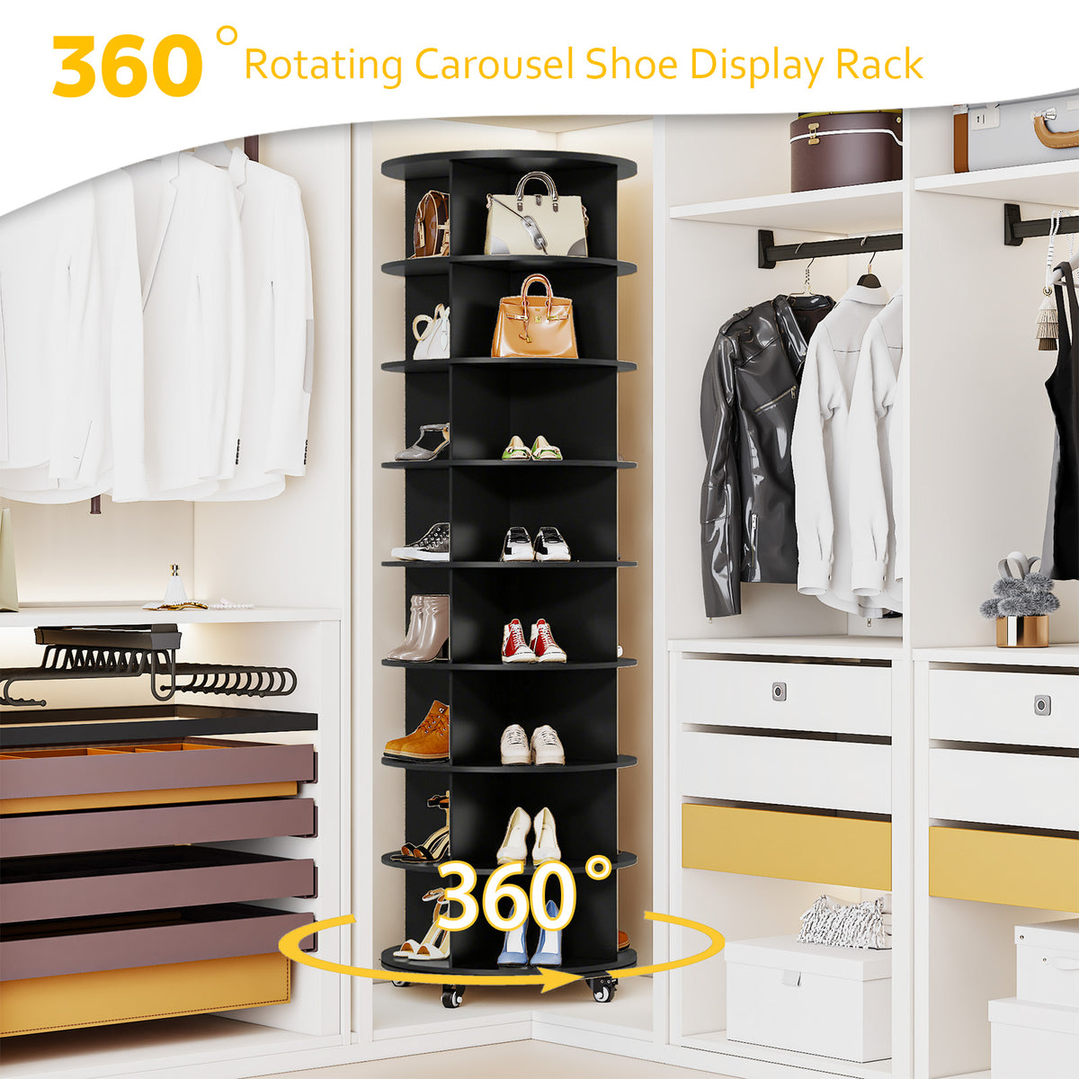 YODOLLA 8 Tier Rotating Shoe Rack, Shoe Tower Organizer Storage with Wheels