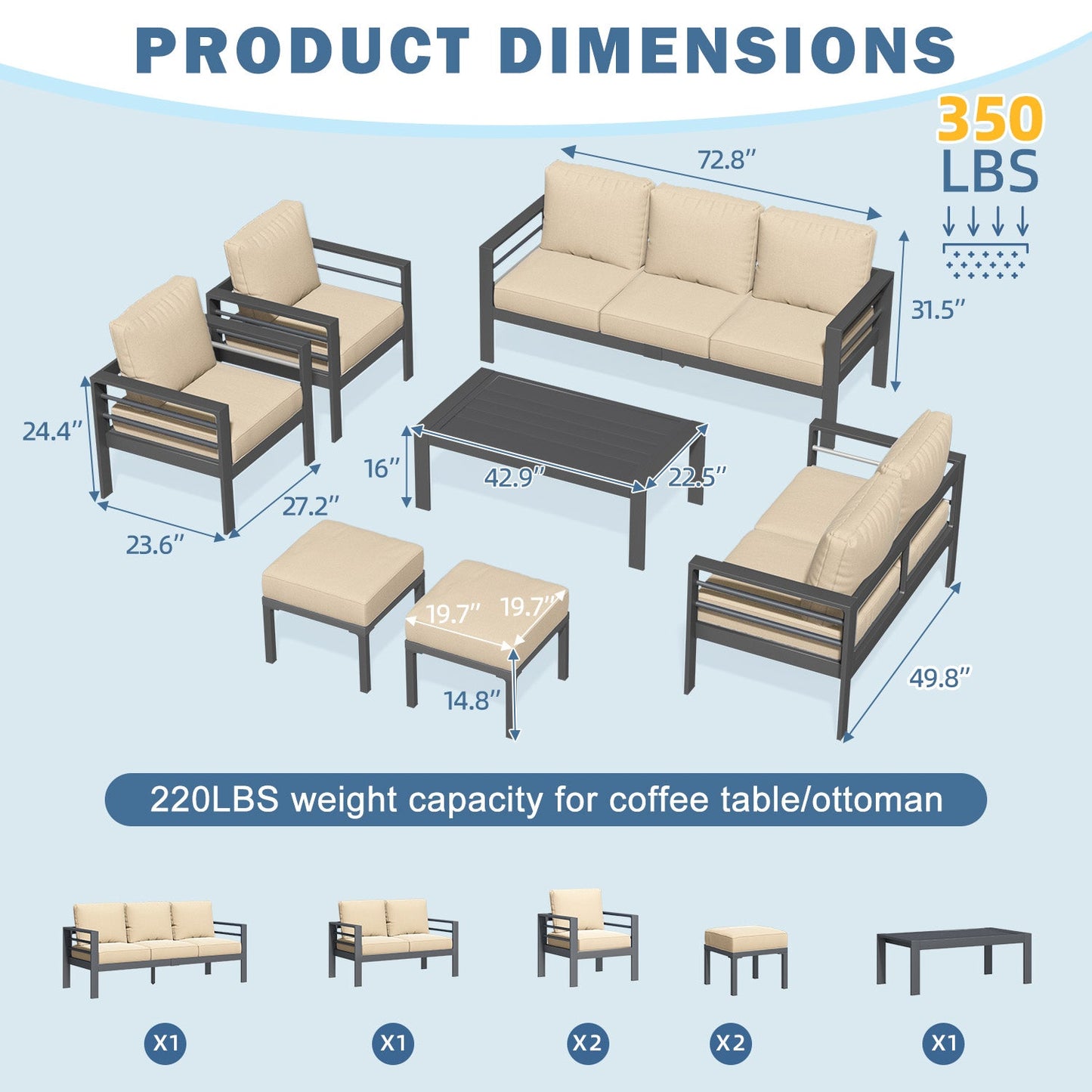 YODOLLA 7 Pieces Aluminum Patio Furniture Set, Beige Cushions