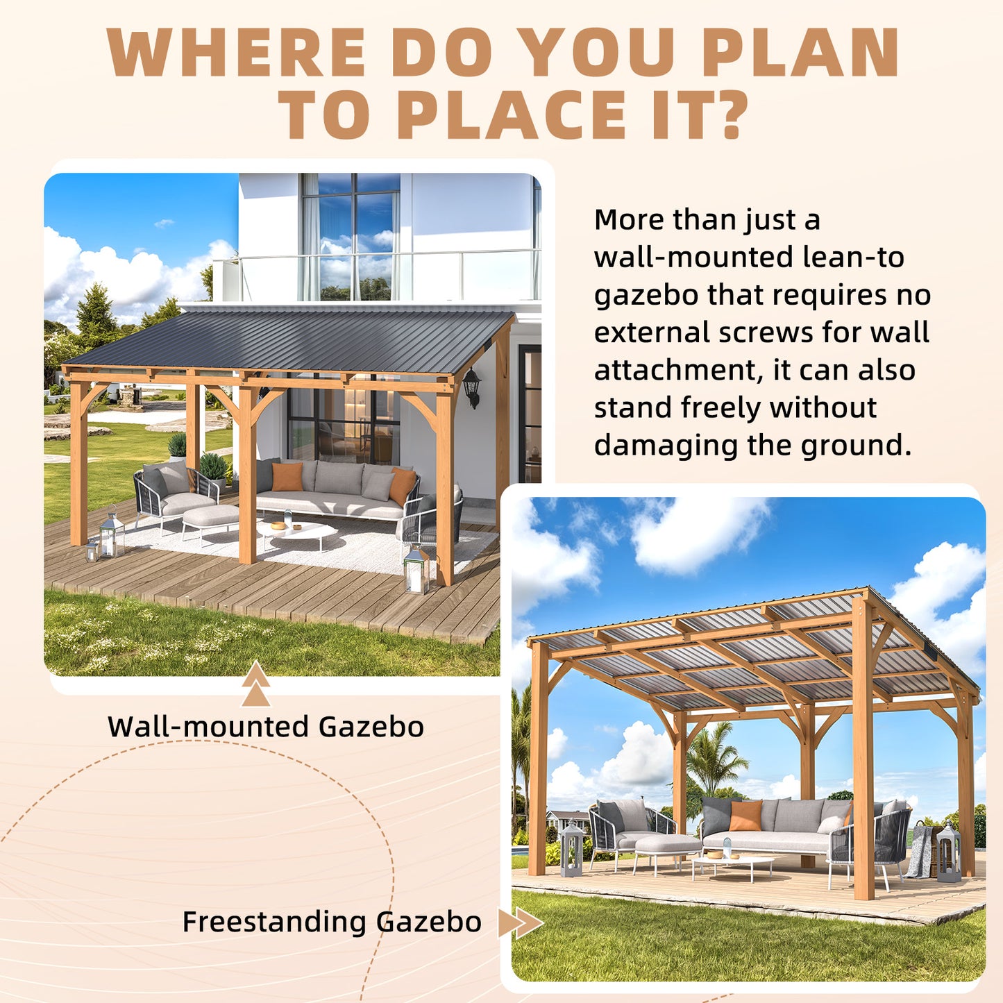 YODOLLA 14' x 10' Outdoor Wood Gazebo Lean to Hardtop Cedar Pergolas