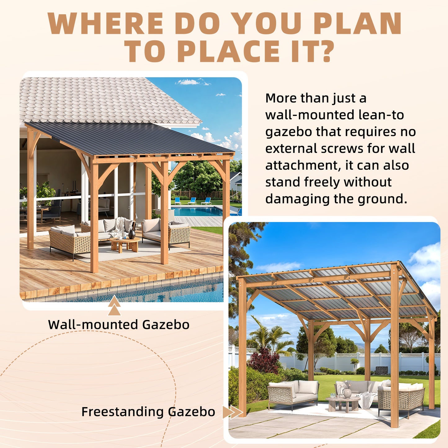 YODOLLA 10' x 10' Outdoor Wood Gazebo Lean to Hardtop Cedar Pergolas