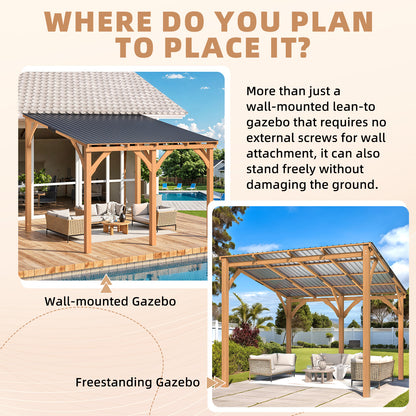 YODOLLA 10' x 10' Outdoor Wood Gazebo Lean to Hardtop Cedar Pergolas