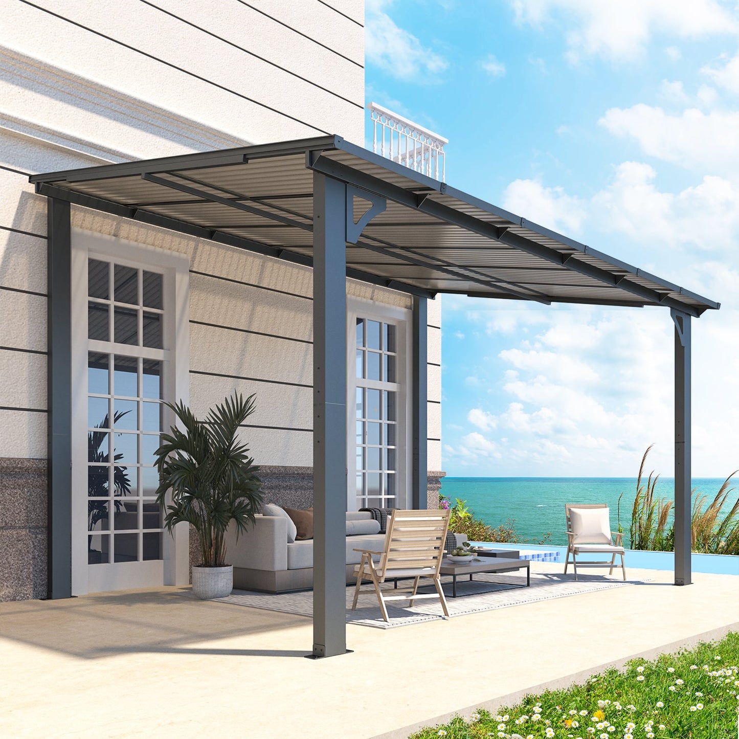 YODOLLA 12' x 8' Hard Top Lean to Gazebo Outdoor Pergola, Dark Gray