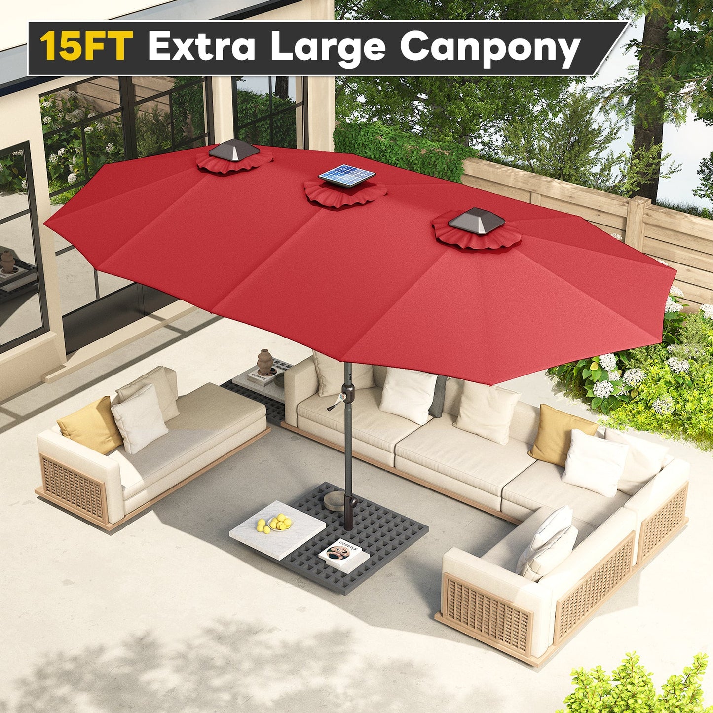 YODOLLA 15ft Patio Umbrella with Solar Lights, Red