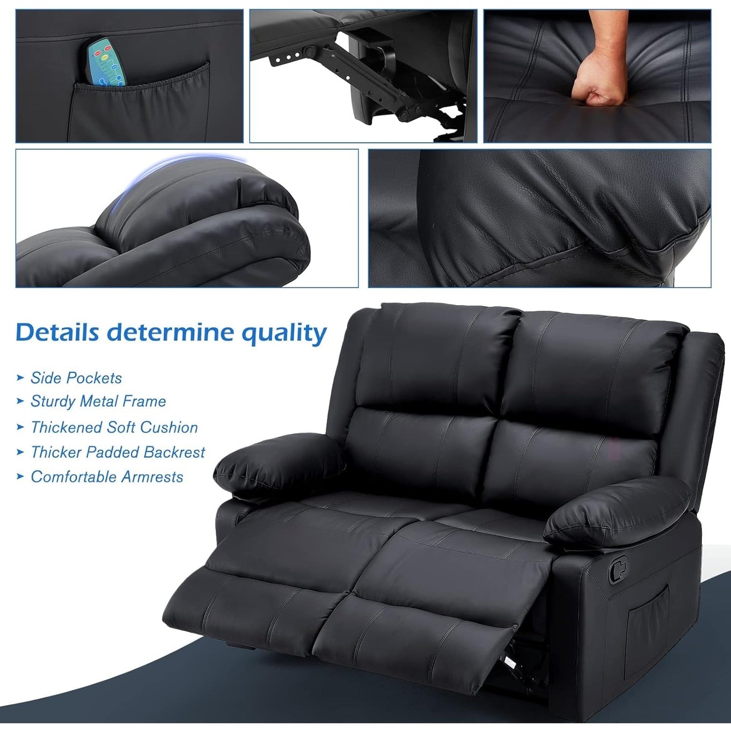 YODOLLA 2 Seat Loveseat Recliner with Heat&Massage Function, Faux Leather Black
