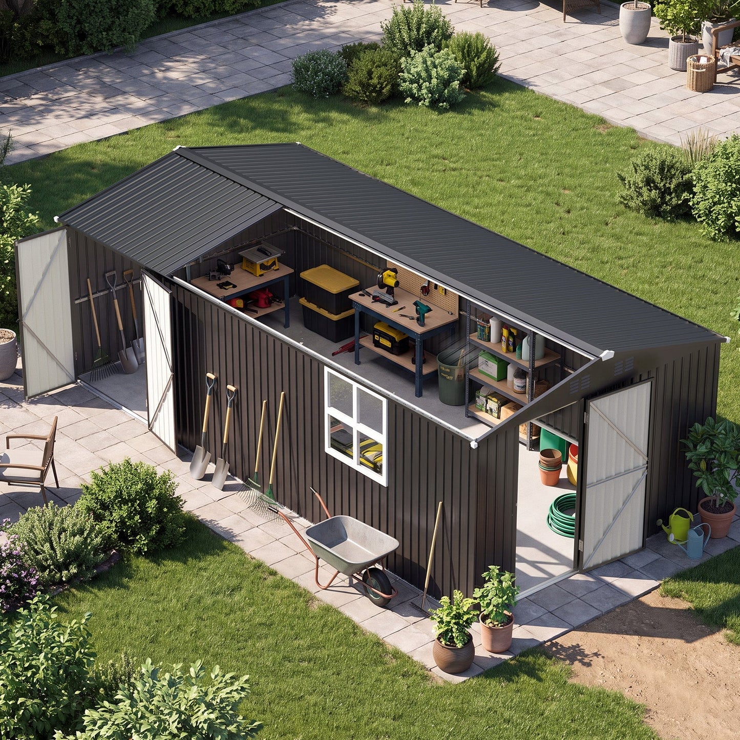 YODOLLA 20' x 10' Outdoor Storage Shed Large 10x20 Metal Sheds with Windows Utility Tool Storage