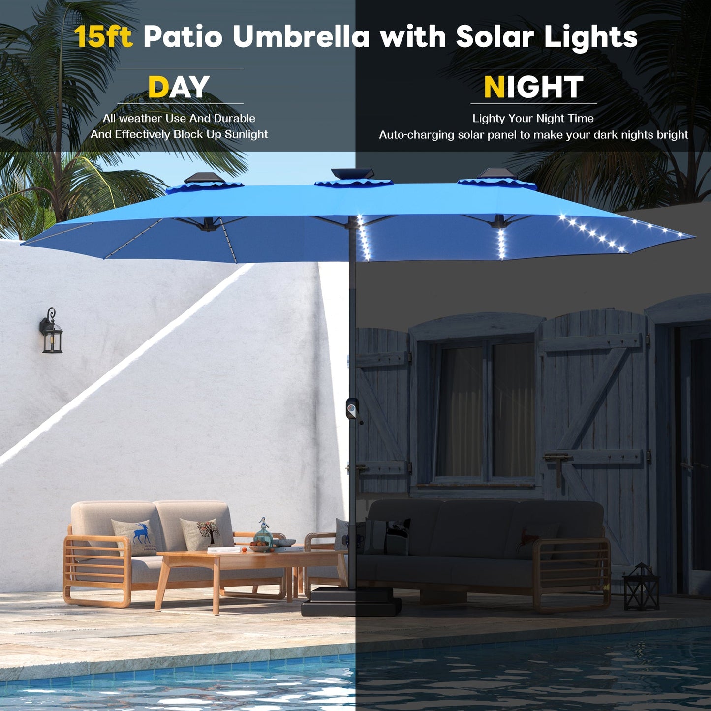 YODOLLA 15ft Patio Umbrella with Solar Lights, Blue