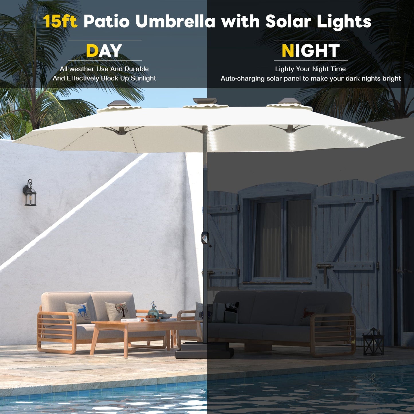 YODOLLA 15ft Patio Umbrella with Solar Lights, Cream