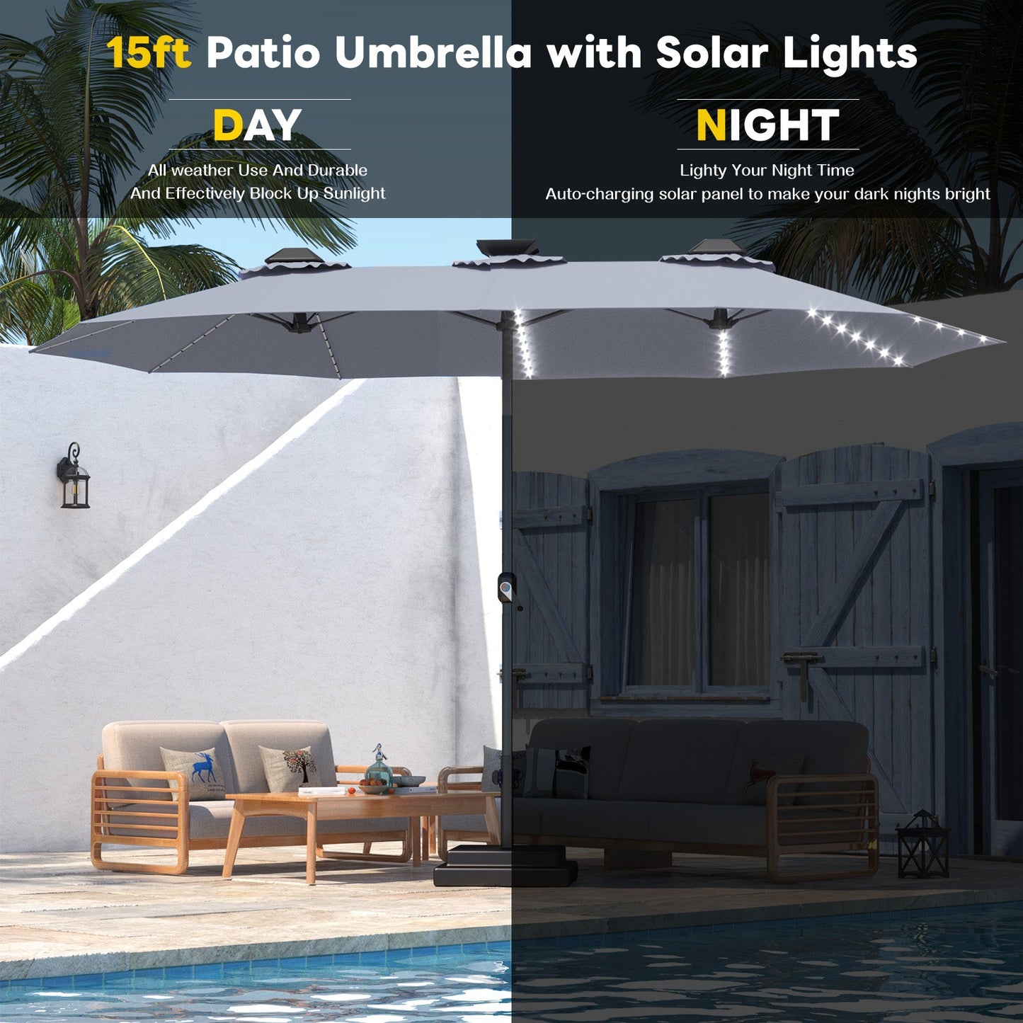 YODOLLA 15ft Patio Umbrella with Solar Lights, Gray