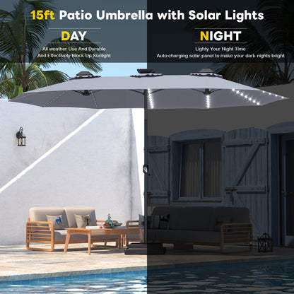 YODOLLA 15ft Patio Umbrella with Solar Lights, Gray