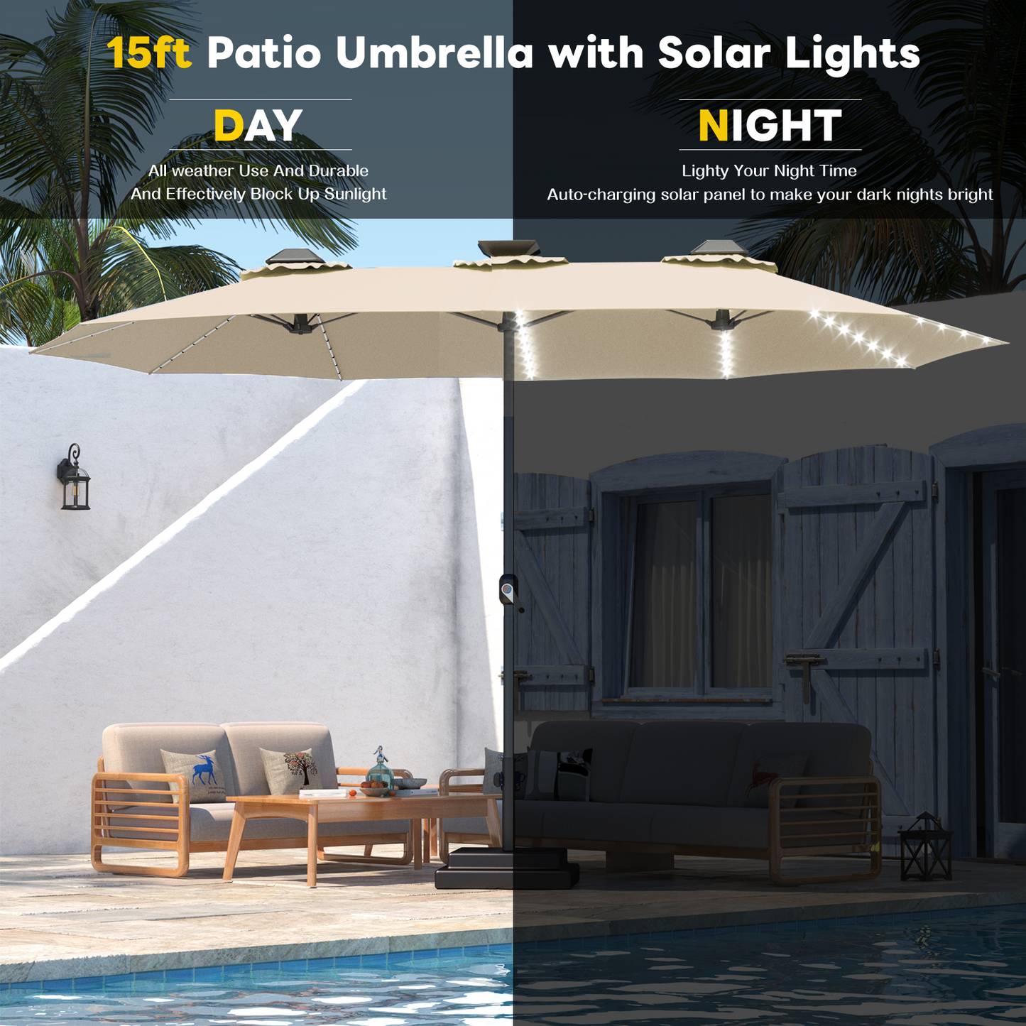 YODOLLA 15ft Patio Umbrella with Solar Lights, Beige
