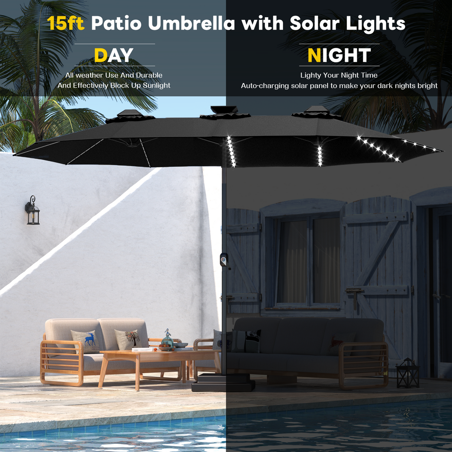 YODOLLA 15ft Patio Umbrella with Solar Lights, Black
