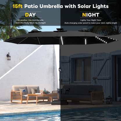 YODOLLA 15ft Patio Umbrella with Solar Lights, Black