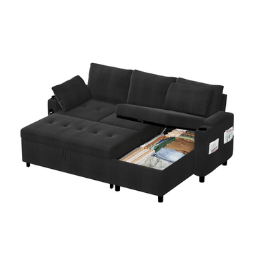 YODOLLA L-Shaped Sleeper Sofa, Pullout Bed, USB & Storage, Black
