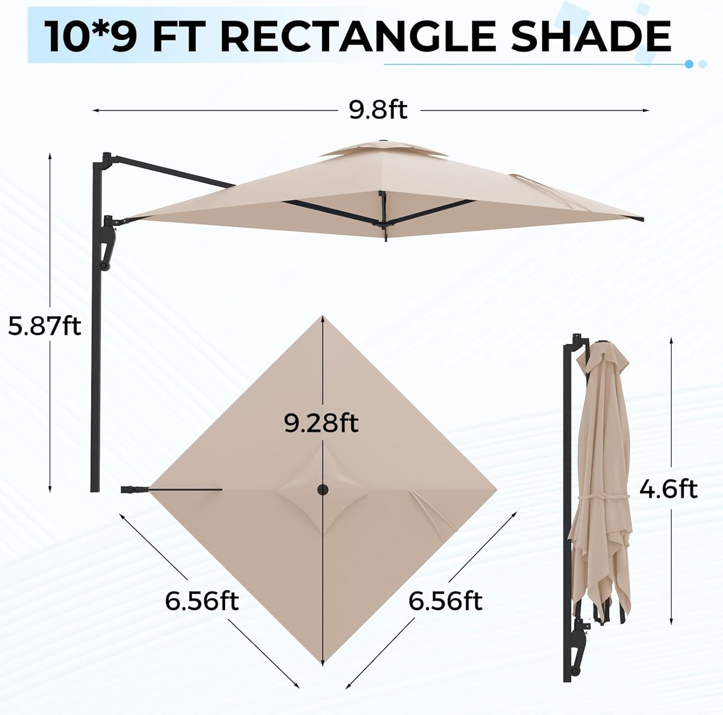 YODOLLA 10ft Solar LED Cantilever Patio Umbrella, Rectangular Wall Mounted Outdoor Large Offset Umbrellas