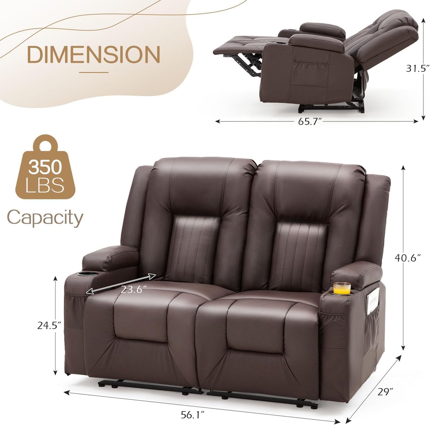 YODOLLA Reclining Loveseat Double Recliner Home Theater Seating, Brown