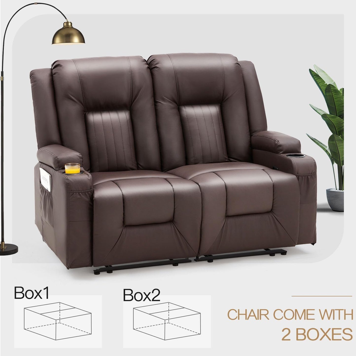 YODOLLA Reclining Loveseat Double Recliner Home Theater Seating, Brown