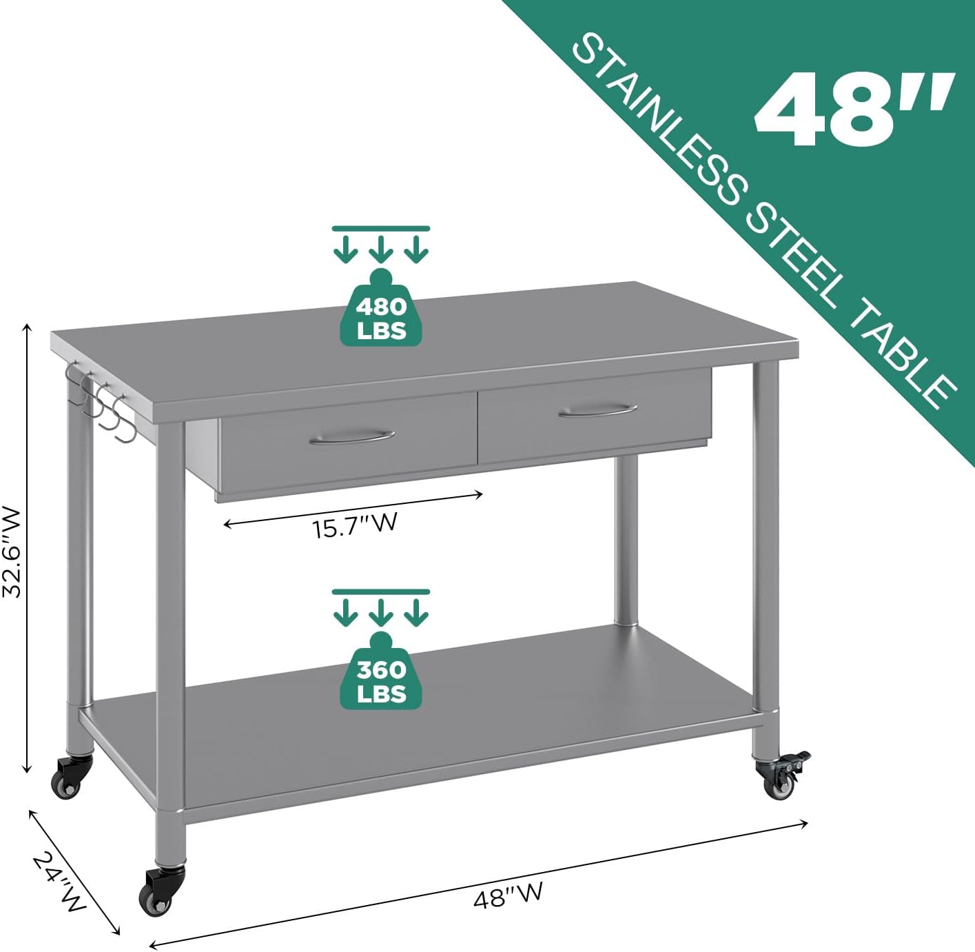 YODOLLA 48"x24" Stainless Steel Work Table with 2 Drawers