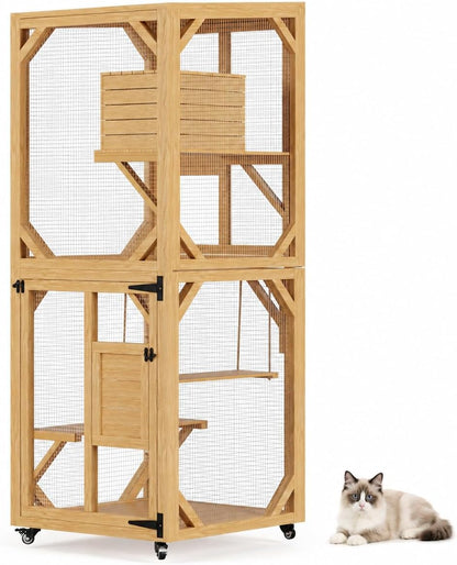 YODOLLA 60" Tall Catio Outdoor Cat Enclosure, Wooden Cat House, Natural