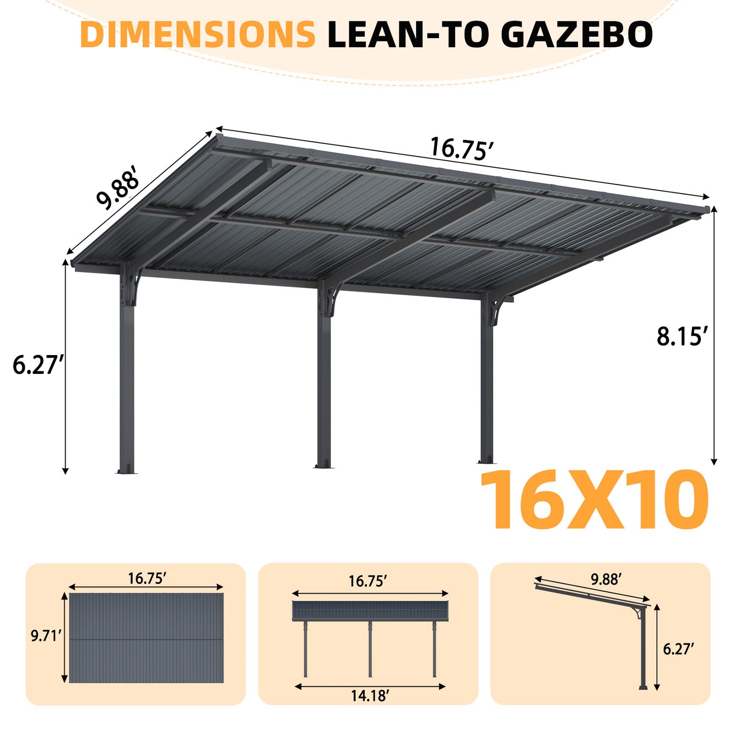YODOLLA 16'x10' Outdoor Lean to Hardtop Metal Carport Gazebo Freestanding Pergolas