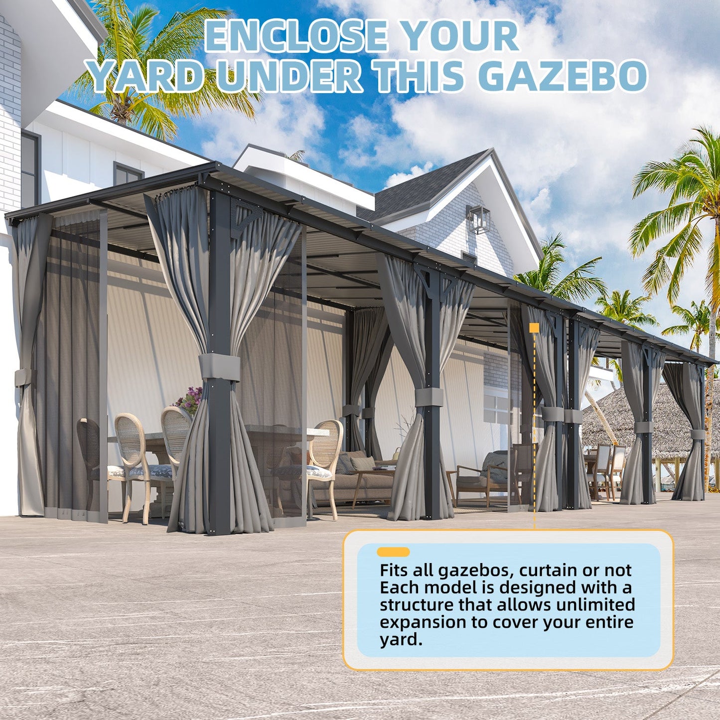 YODOLLA 14’ x 10’ Wall-Mounted Lean to Pergola Gazebo with Curtains and Netting