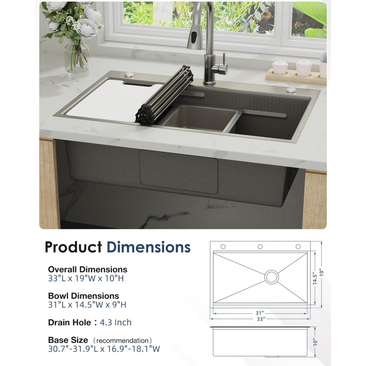 YODOLLA 33x19 Inch Drop in Kitchen Sink, 11 Gauge Stainless Steel