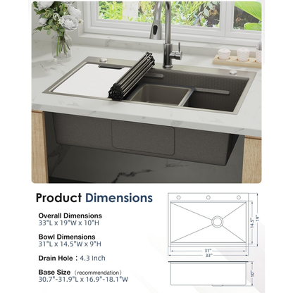 YODOLLA 33x19 Inch Drop in Kitchen Sink, 11 Gauge Stainless Steel