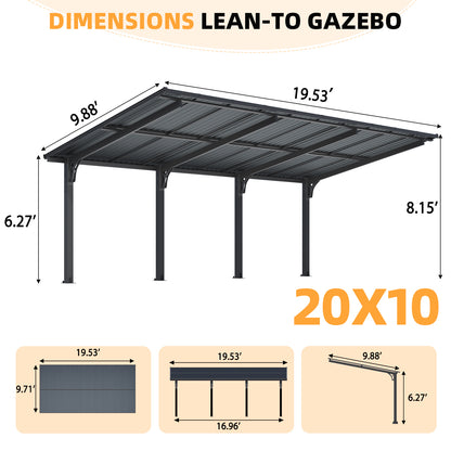 YODOLLA 20'x10' Outdoor Lean to Hardtop Metal Carport Gazebo Freestanding Pergolas