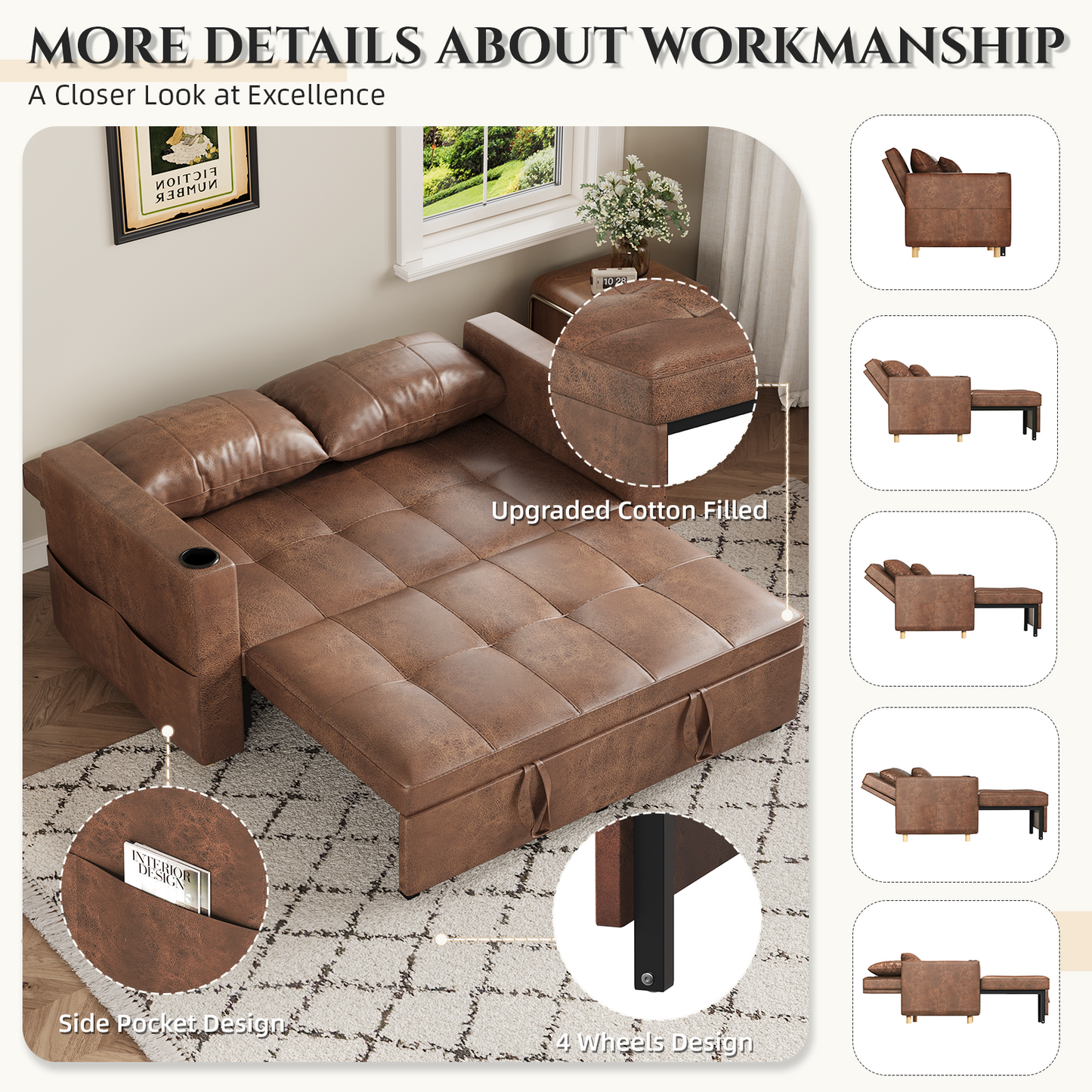 YODOLLA Sleeper Chair Bed, 63" Extra Wide Convertible Sofa Bed for Adults, Brown