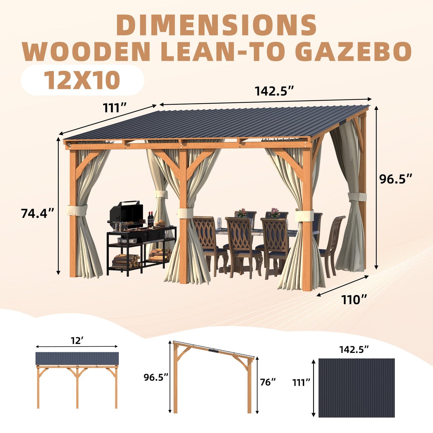 YODOLLA 12x10 Outdoor Wooden Pergola Gazebo with Curtains and Netting for Patio
