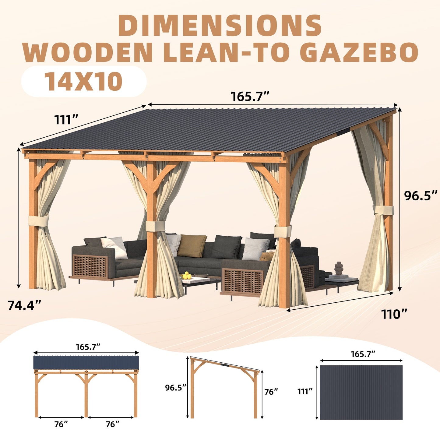 YODOLLA 10x14 Outdoor Wooden Pergola Gazebo with Curtains and Netting for Patio