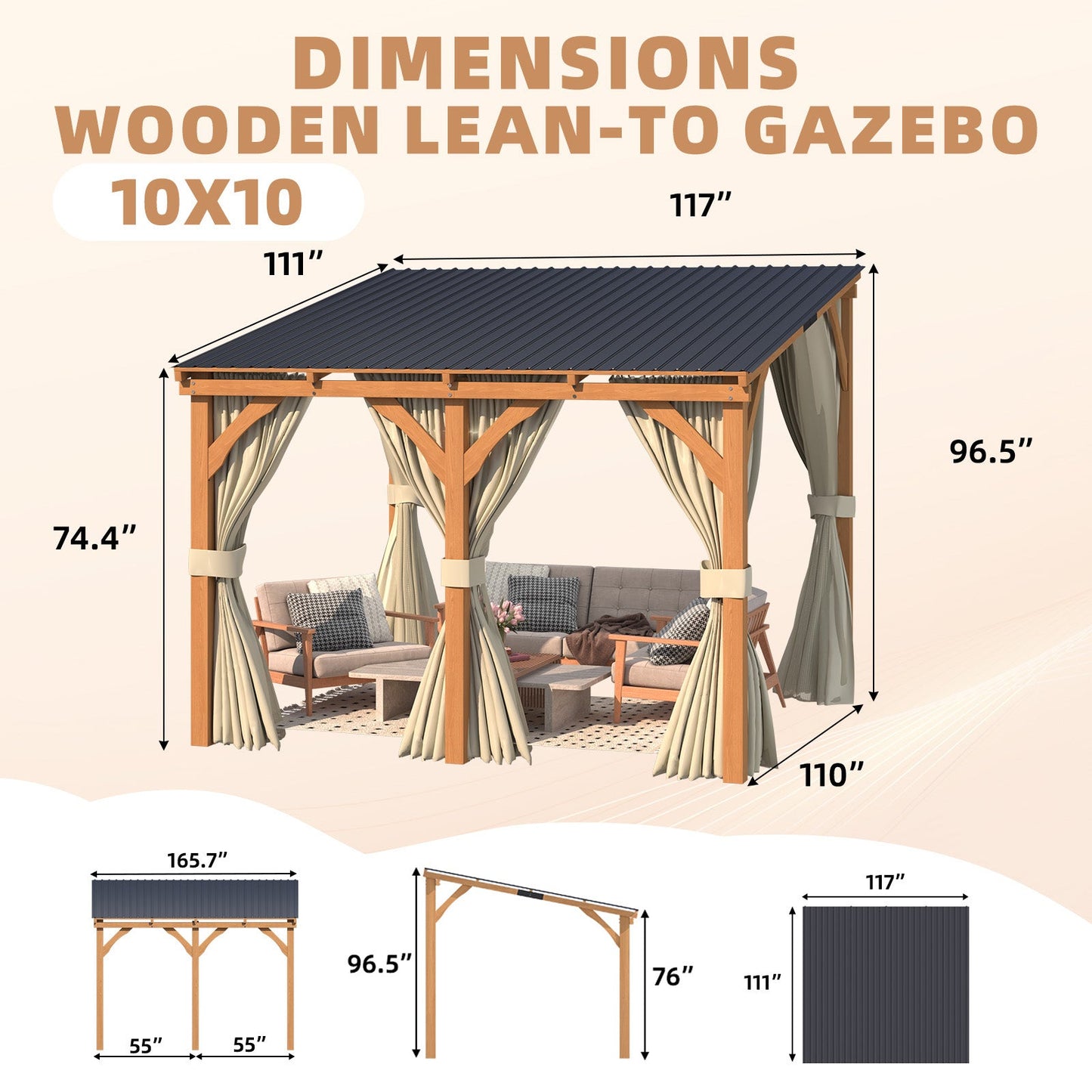 YODOLLA 10x10 Outdoor Wooden Pergola Gazebo with Curtains and Netting for Patio