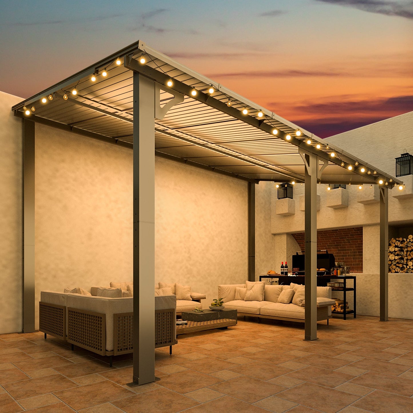 YODOLLA 14' x 8' Hard Top Lean to Gazebo Outdoor Pergola, Dark Gray