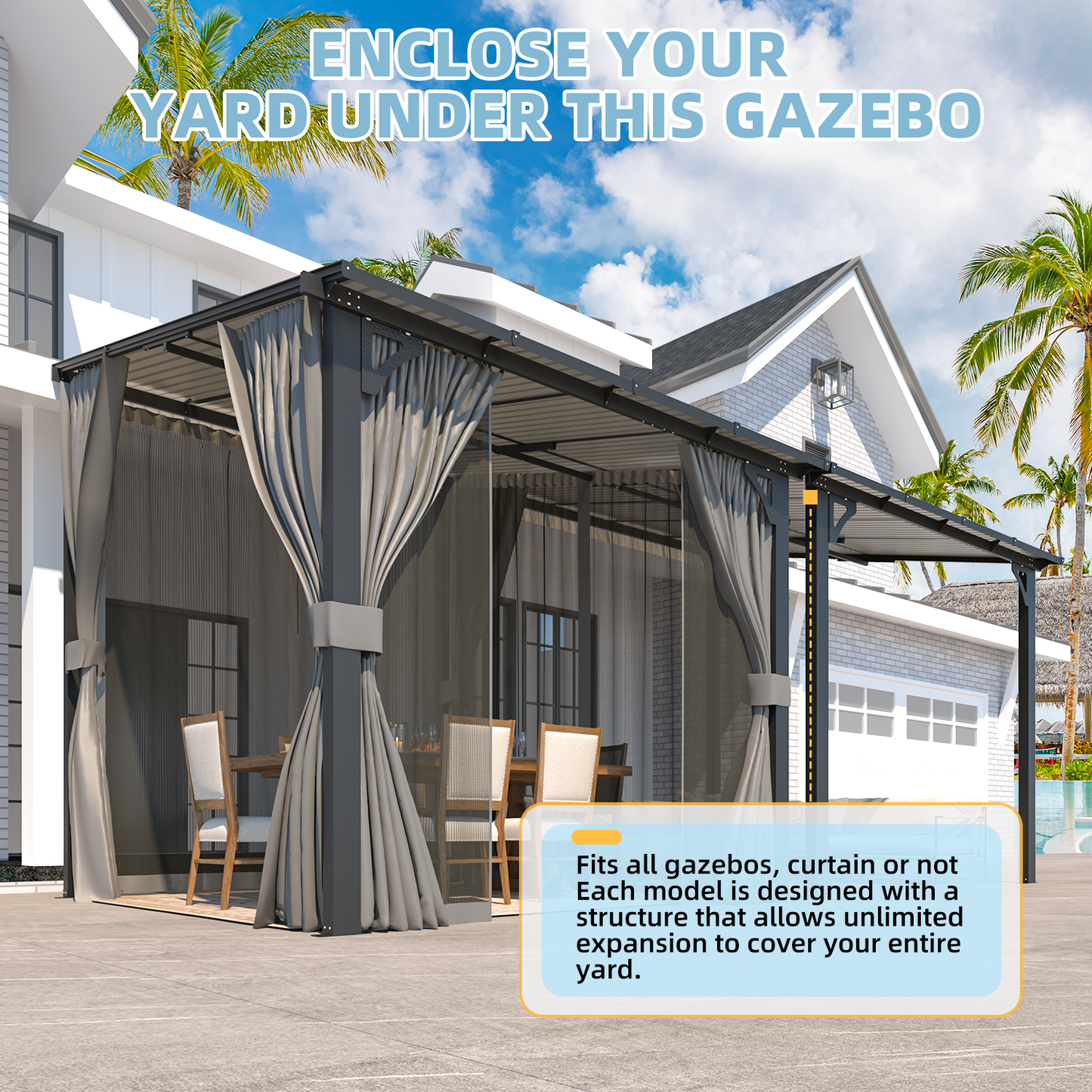 YODOLLA 8' X 8' Wall-Mounted Lean to Pergola Gazebo with Curtains and Netting