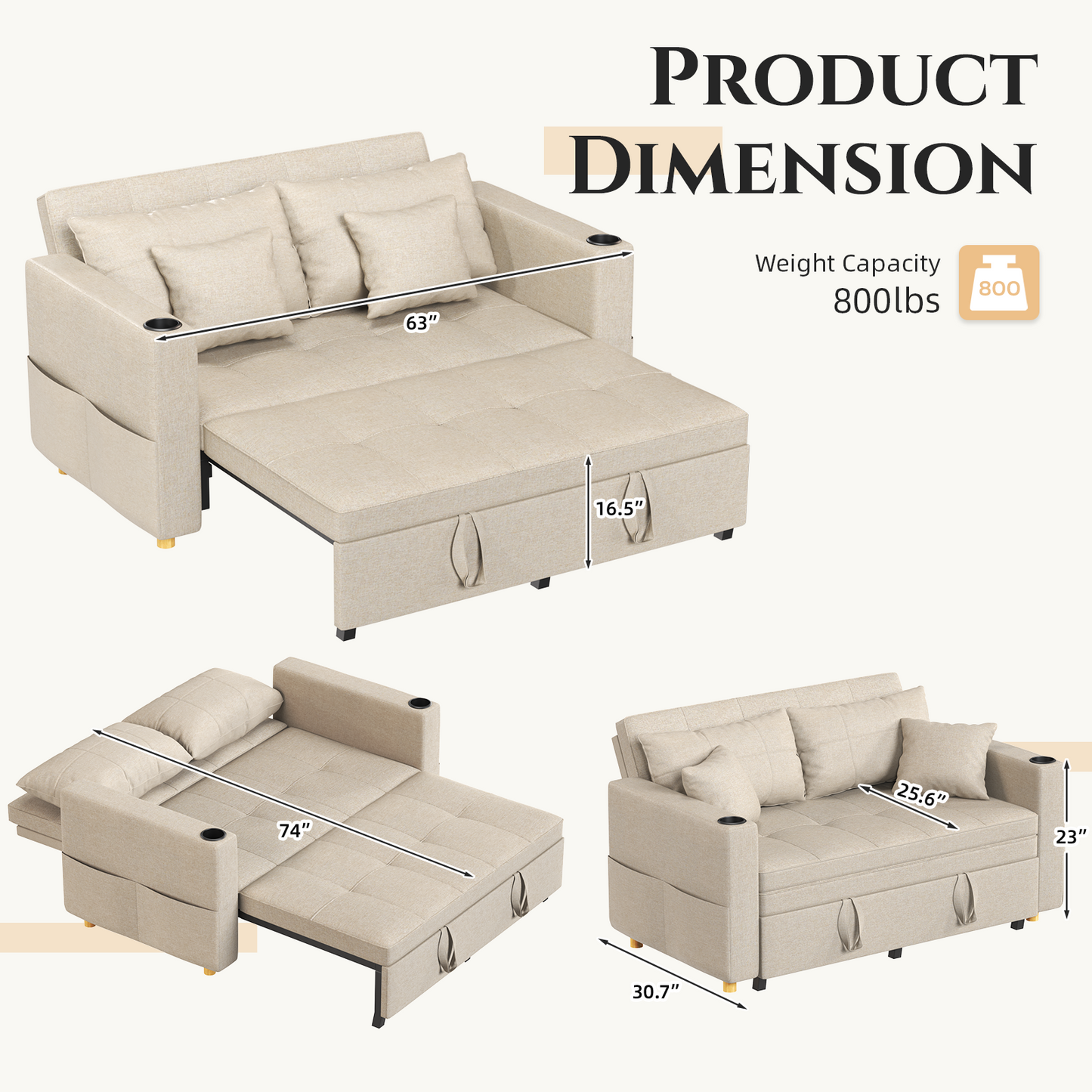 YODOLLA Sleeper Chair Bed, 63" Extra Wide Convertible Sofa Bed for Adults, Beige