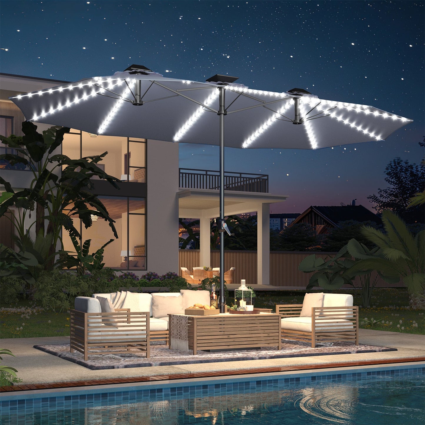 YODOLLA 15ft Patio Umbrella with Solar Lights, Gray