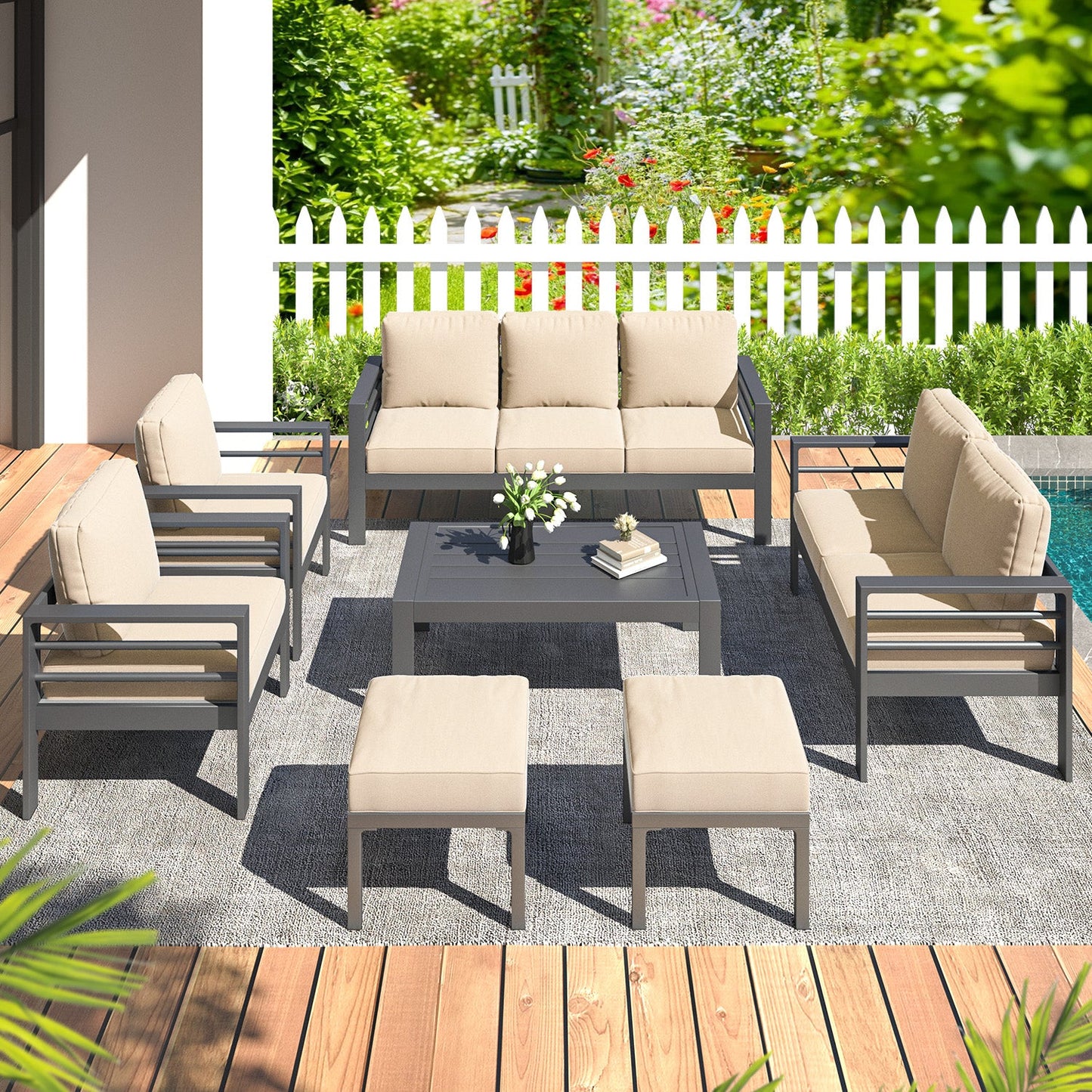 YODOLLA 7 Pieces Aluminum Patio Furniture Set, Beige Cushions