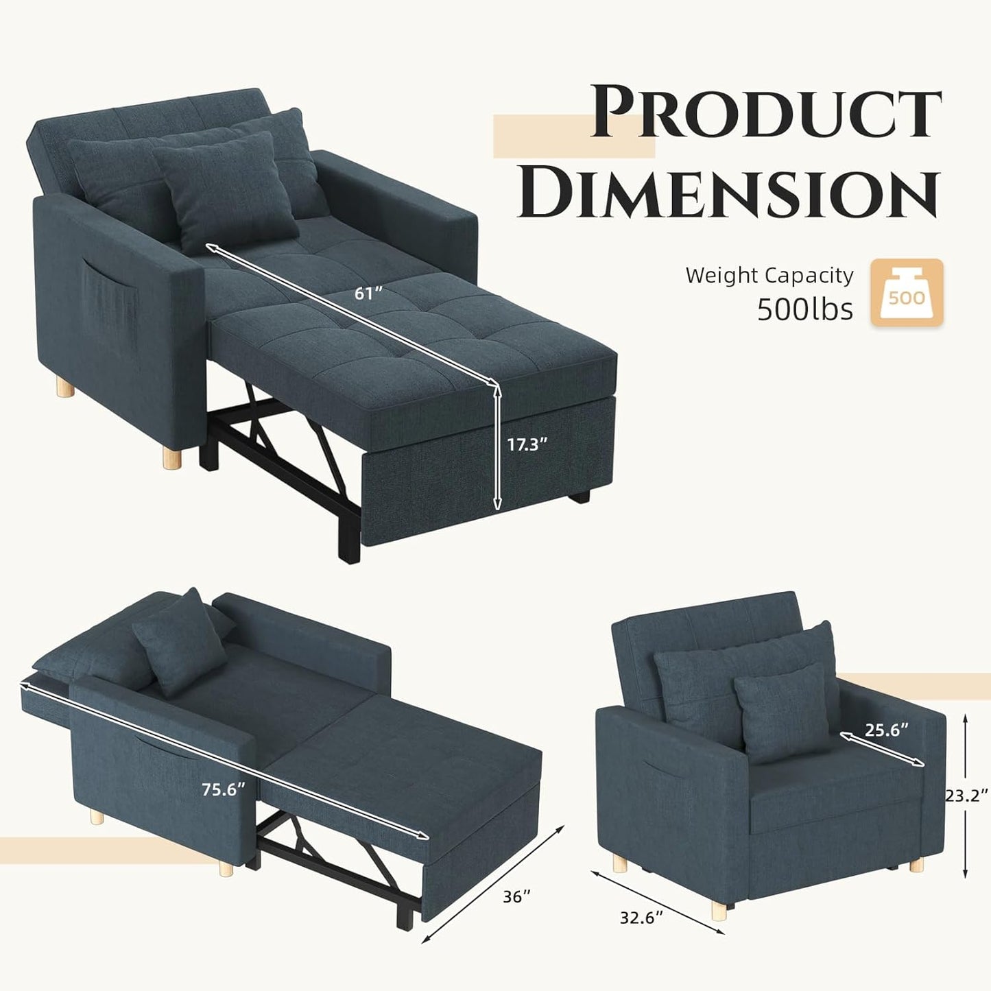 YODOLLA 36" Convertible Chair Bed, Blue