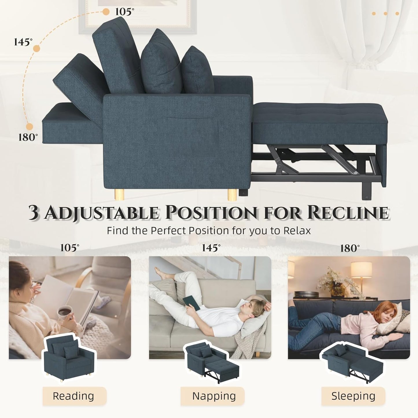 YODOLLA 36" Convertible Chair Bed, Blue