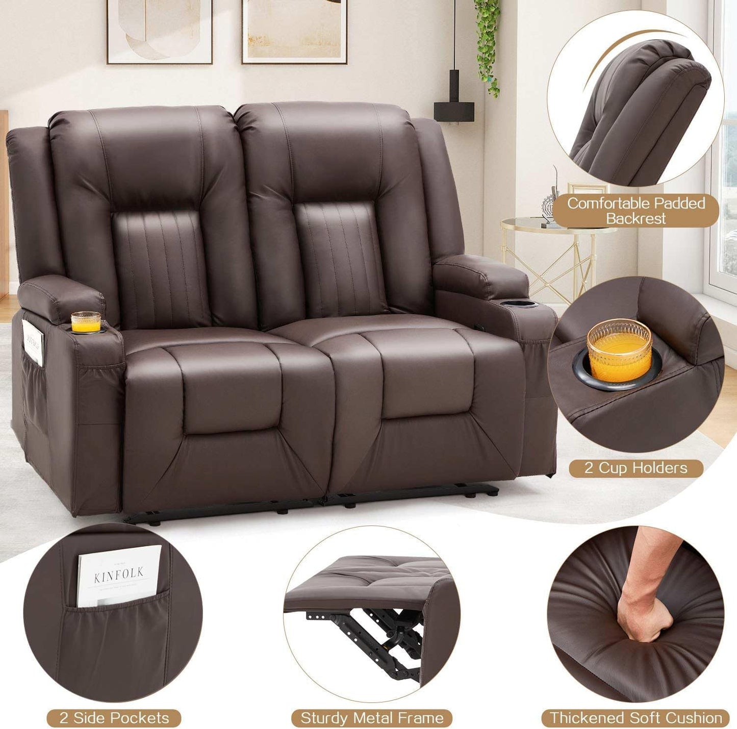YODOLLA Reclining Loveseat Double Recliner Home Theater Seating, Brown