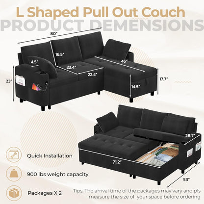 YODOLLA L-Shaped Sleeper Sofa, Pullout Bed, USB & Storage, Black