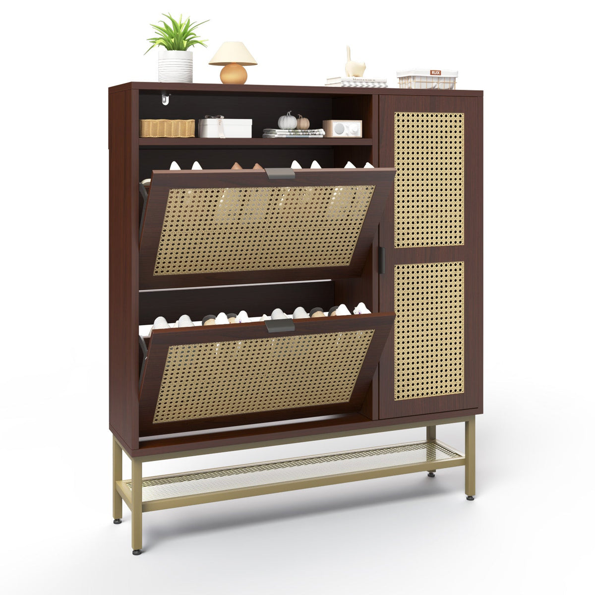 YODOLLA Rattan Shoe Cabinet Storage Organizer with 2 Tilt Drawers Living Room