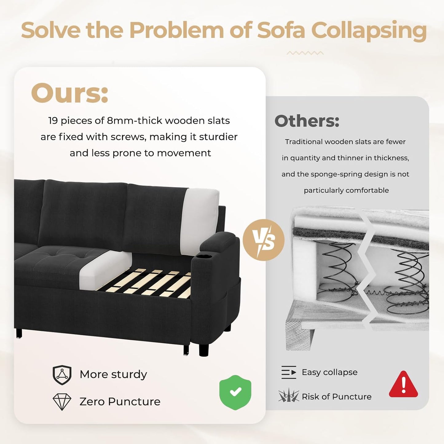 YODOLLA L-Shaped Sleeper Sofa, Pullout Bed, USB & Storage, Black