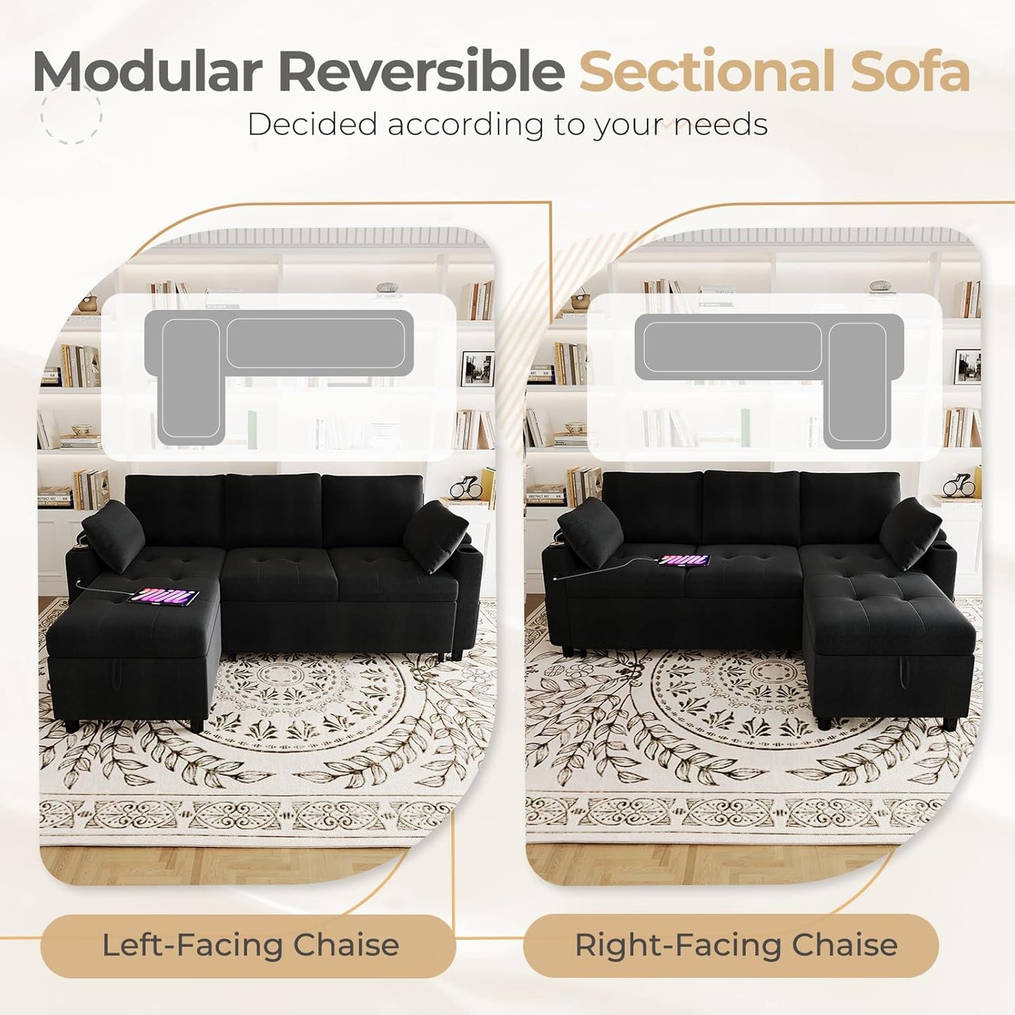 YODOLLA L-Shaped Sleeper Sofa, Pullout Bed, USB & Storage, Black