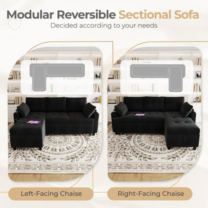 YODOLLA L-Shaped Sleeper Sofa, Pullout Bed, USB & Storage, Black