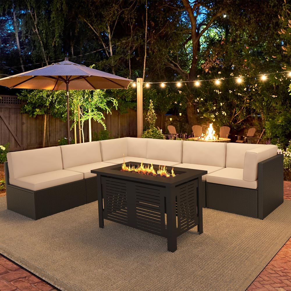 YODOLLA 8 Piece Outdoor Patio Furniture Set with Extra 43 Inch Fire Pit Table, Beige