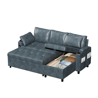 YODOLLA Faux Leather L-Shaped Sleeper Sofa, Pullout Bed, USB & Storage, Blue