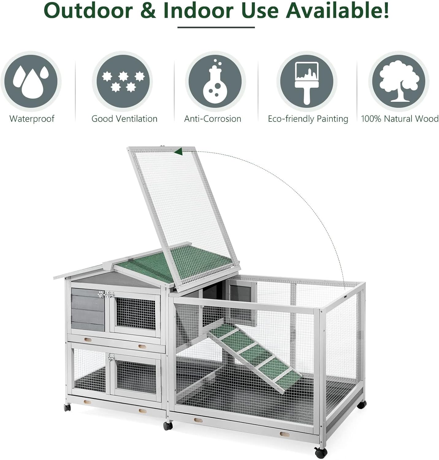 YODOLLA 61.5'' Wooden Rabbit Hutch Two Story Bunny Cage