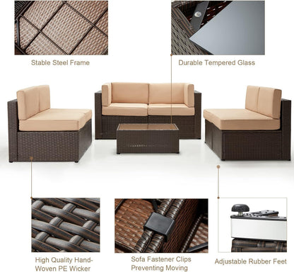 YODOLLA 8 Piece Outdoor Patio Furniture Set with Extra 43 Inch Fire Pit Table, Beige