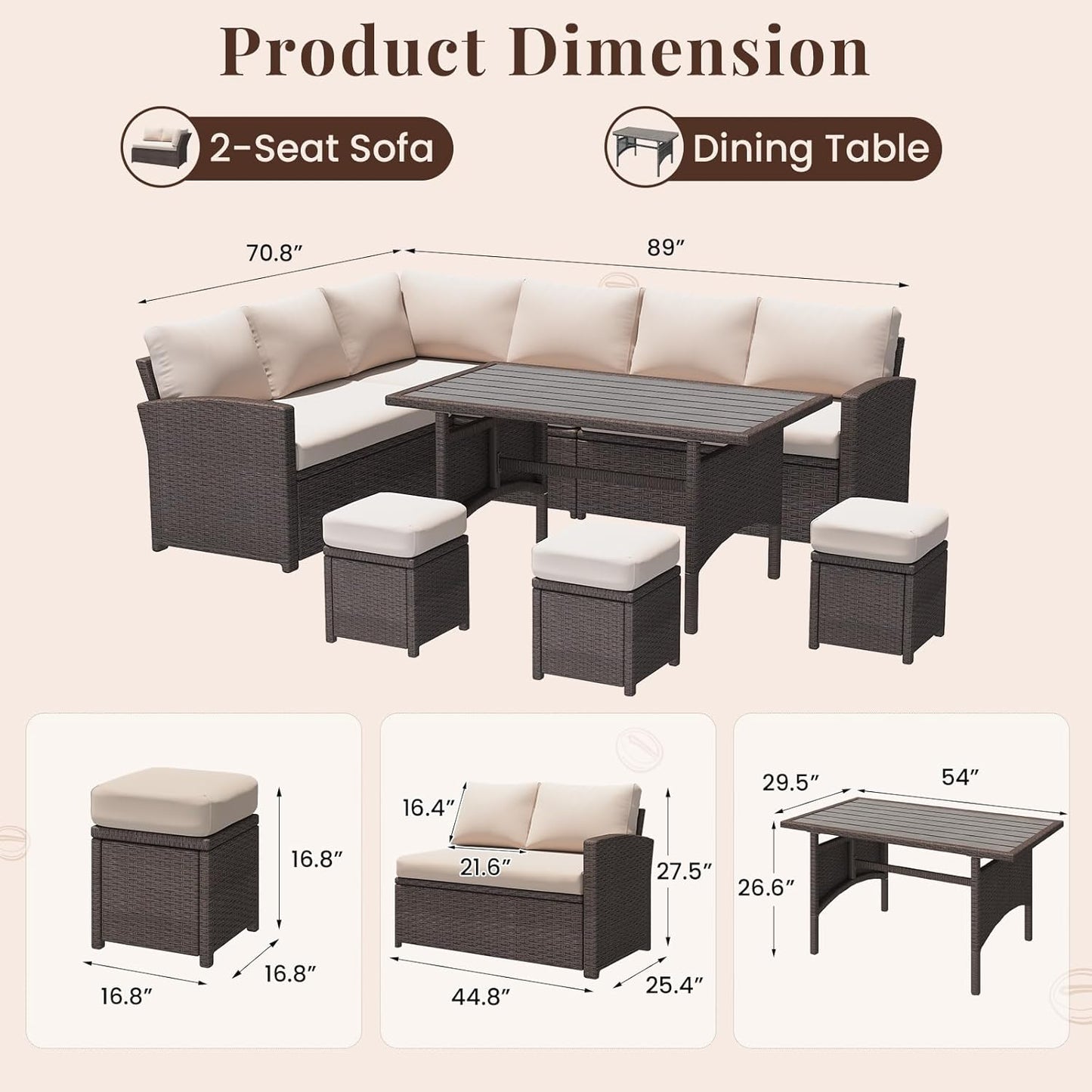 YODOLLA  7-Pc Patio Set, Brown Rattan & Khaki Cushions