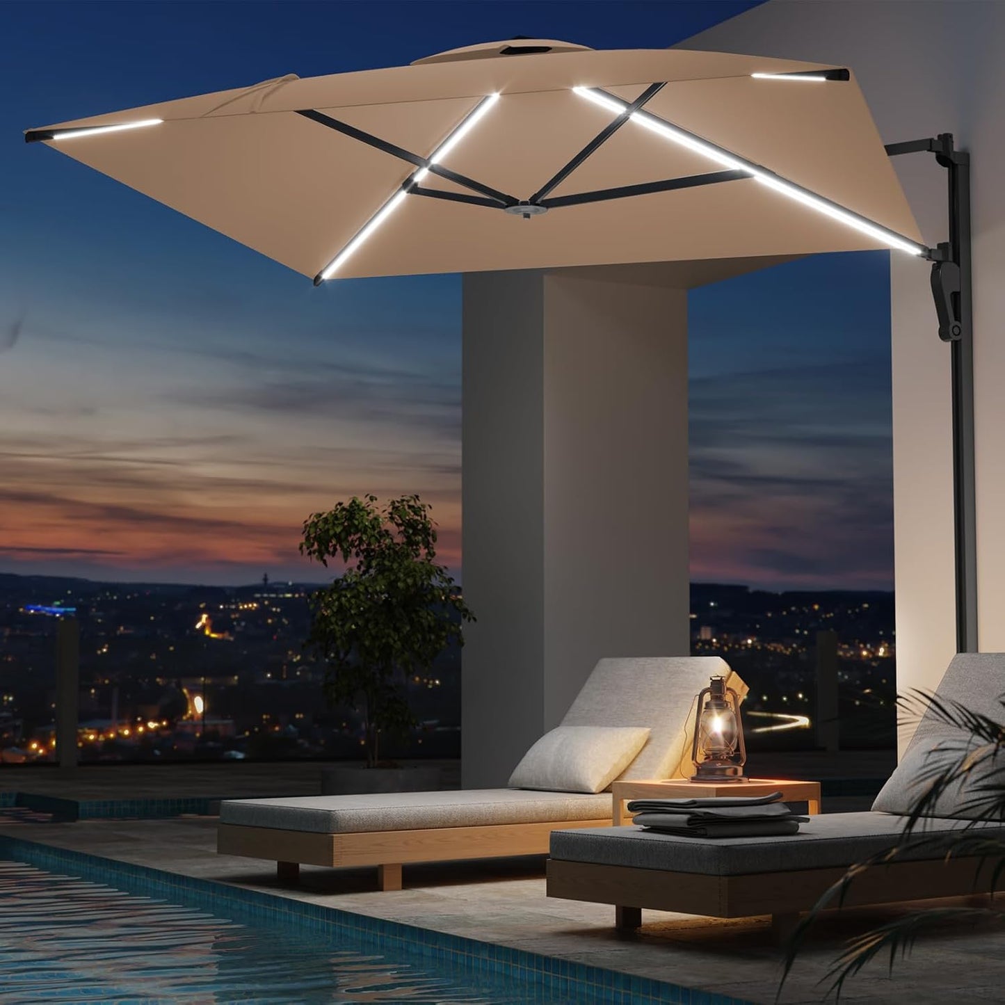 YODOLLA 10ft Solar LED Cantilever Patio Umbrella, Rectangular Wall Mounted Outdoor Large Offset Umbrellas